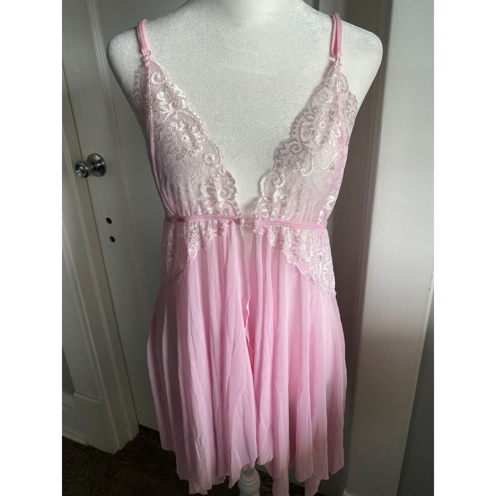 Pink Babydoll Sheer Mesh/Lace Front Closure Chemise w/ G-String, Fairy, NWT